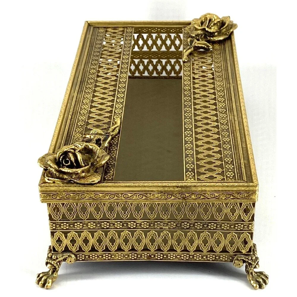 Vtg 60s Tissue Holder Ornate Metal Filigree - Hollywood - Footed w/Floral Decor
